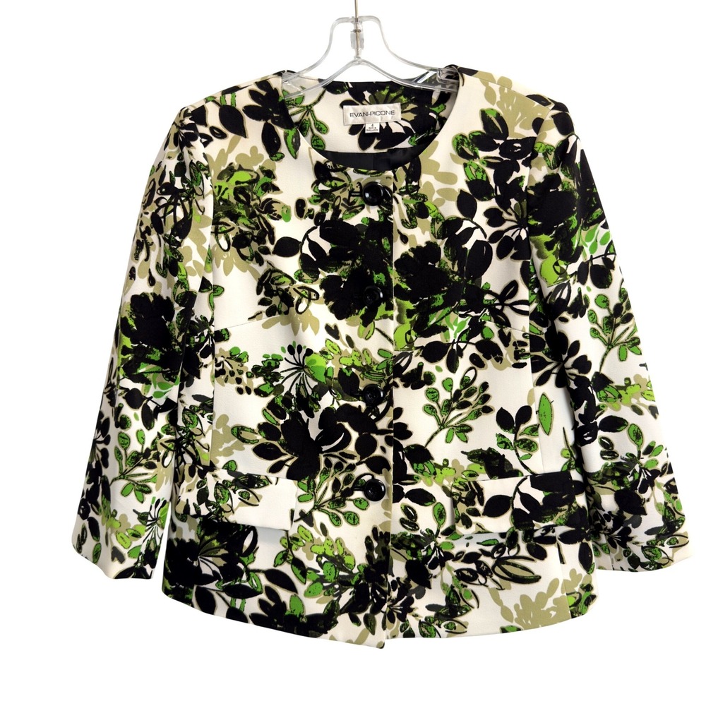 Evan-Picone Women's Size 4 Floral Leaf Print Collarless Button Front Pockets